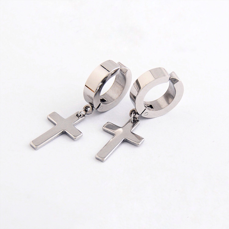 Khuyên tai nam tròn dạng xỏ Merin Accessories màu bạc đen đơn giản đẹp - Hoa tai chữ thập