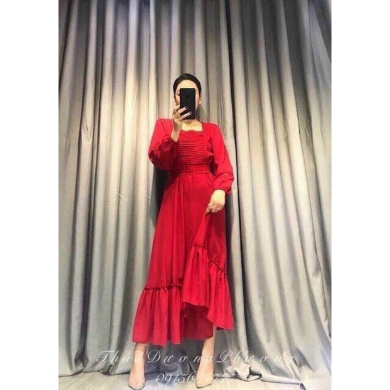 Đầm maxi đỏ dập ly ngực bo eo