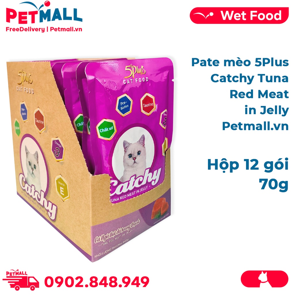 Pate mèo 5Plus Catchy Tuna Red Meat in Jelly 70g - Hộp 12 gói Petmall