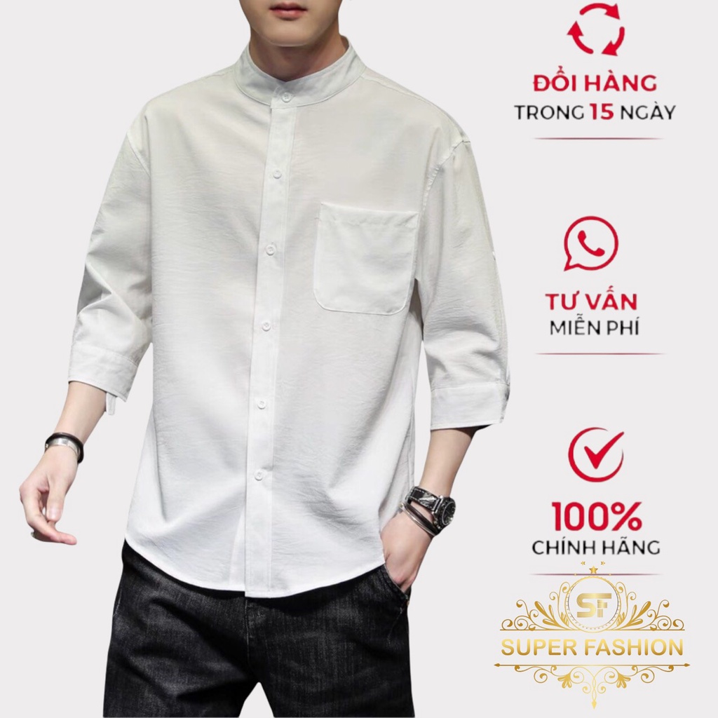 Áo sơ mi nam cổ tàu tay lỡ phối 3D sành điệu chất liệu đũi cao cấp không nhăn ,không xù ,không phai màu super fashion