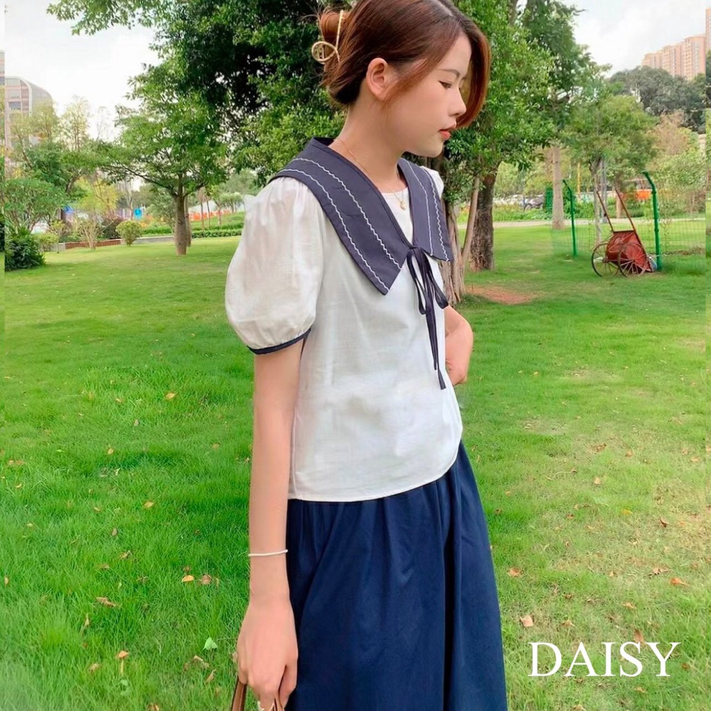 Sơ mi ngắn tay Daisy cổ tròn bản vuông kẻ thủy thủ cột nơ SMY3339