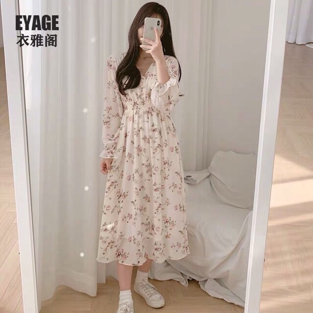 [Mã WASTMAY giảm 15% tối đa 30K đơn 150K] Đầm hoa vintage cổ V chun eo (hình shop chụp/sẵn) | BigBuy360 - bigbuy360.vn