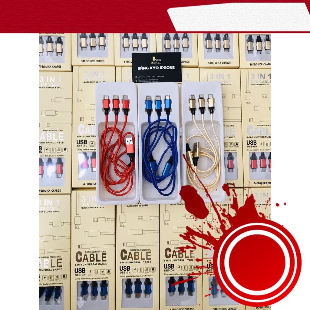 Cáp Dây Sạc Đa Năng 3in1 Sạc Nhanh 3 Đầu 3A Dù 3M Dành Cho Iphone - Androi - Type C Hàng Nguyên Zin