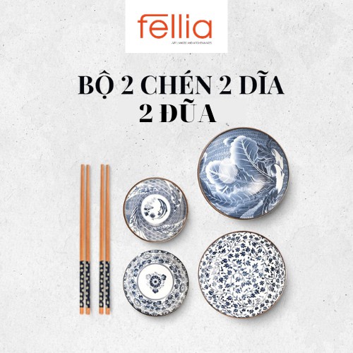 Bộ 2 chén bát, đĩa và đũa sứ cao cấp Fellia phong cách Nhật Bản