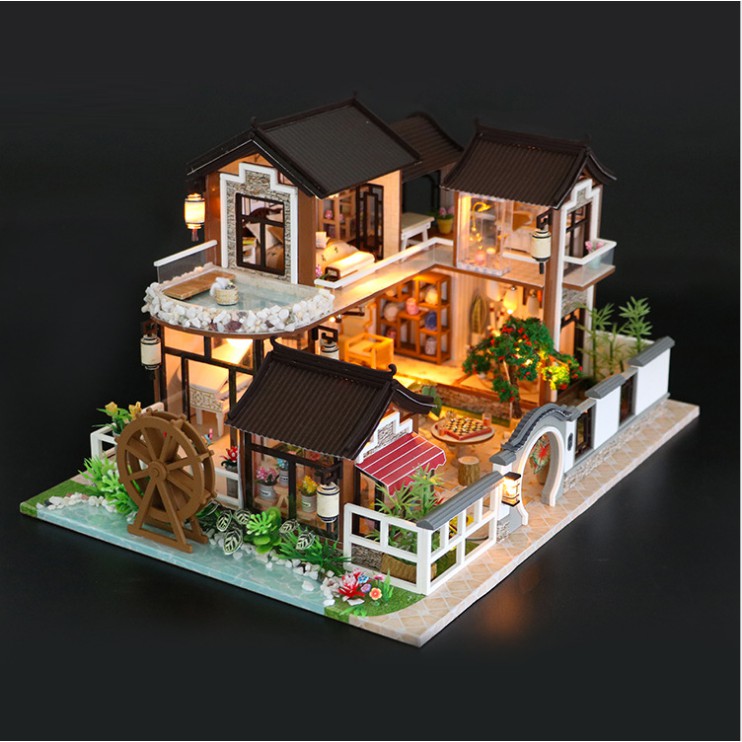 Mô hình nhà DIY Doll House Dream in Ancient Town Kèm Mica Chống bụi, Bộ dụng cụ, Keo dán và Bộ phát nhạc