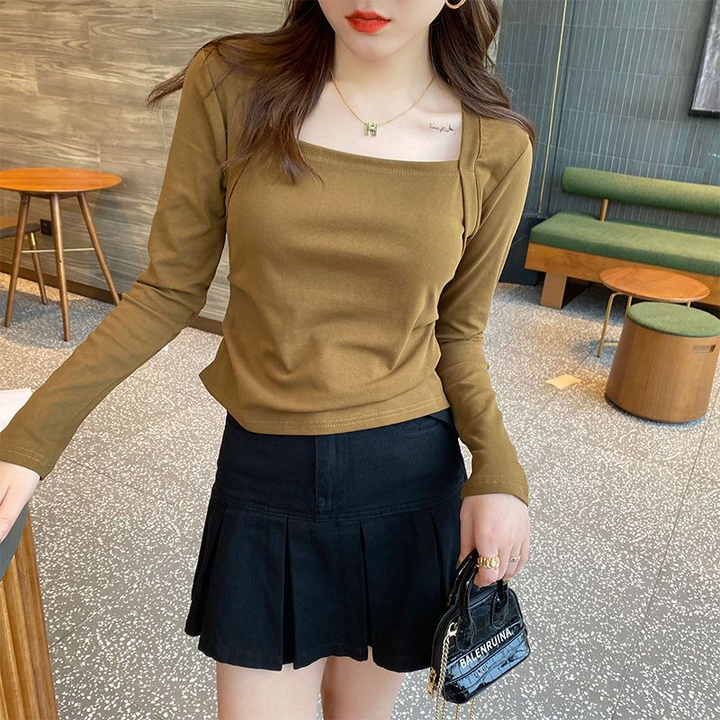 Áo thun BH cotton tay dài cổ vuông dáng ôm thời trang thu đông 2022 cho nữ