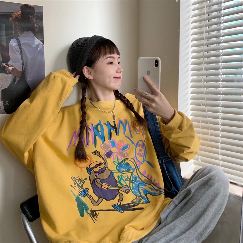 【ZHELIHANGFEI】Áo Thun Sweater Tay Dài In Họa Tiết Xinh Xắn