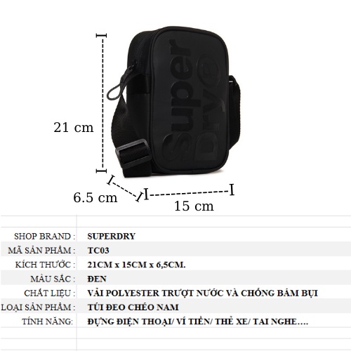 Túi đeo chéo thời trang nam Superdry Side Bag đen chữ đen TC03