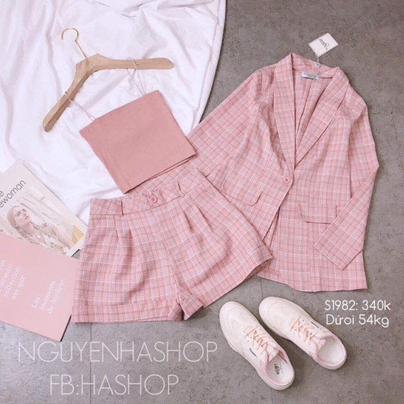 Sét bộ vest kẻ ba món kèm áo hai dây
