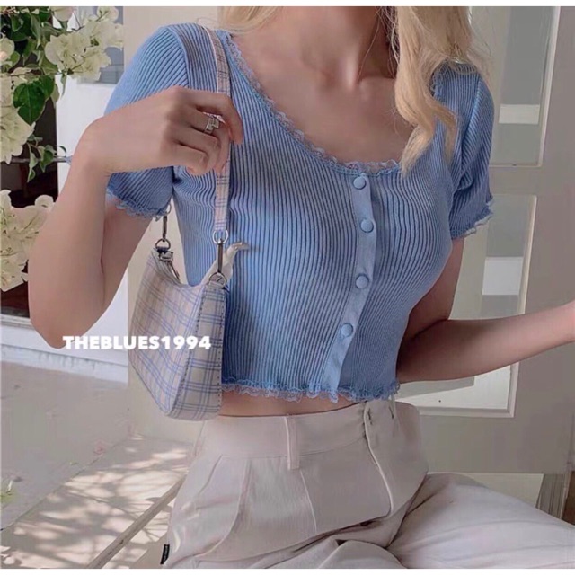 [Mã SKAMFSW175 giảm 10K đơn 50K] ÁO CROP TOP PHỐI REN ĐÍNH NÚT XINH R55