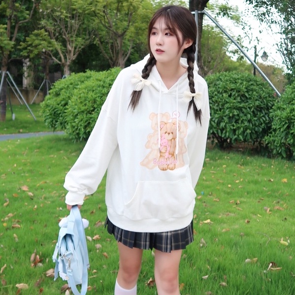 ZHELIHANGFEI Áo Hoodie Tay Dài Dáng Rộng In Hình Gấu Dễ Thương