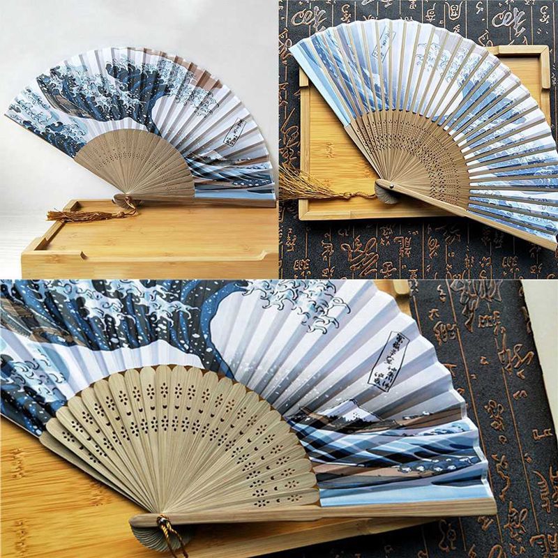 Quạt xếp bỏ túi Tsunami màu xanh dương sóng châu Á Hokusai HAND FAN ART