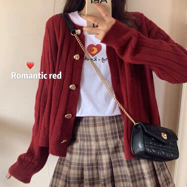 Áo cardigan len xuân thu khuy trái tim trẻ trung dễ thương
