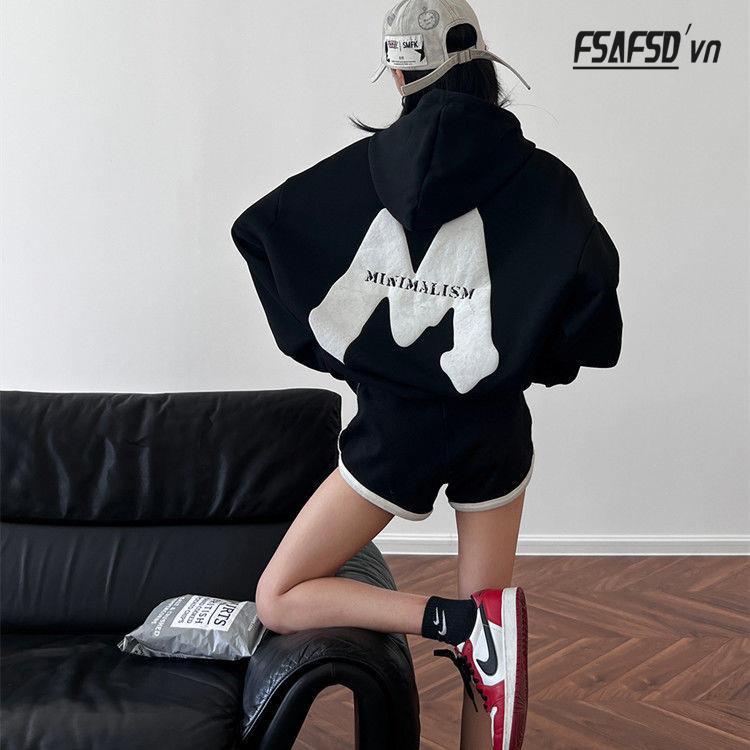 Áo Hoodie 100% Cotton Hai Lớp In Chữ M Phong Cách Mỹ Mới