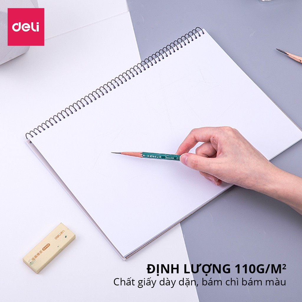 Sổ phác thảo lò xo 110gsm A4 40 trang Deli vẽ chì tranh chân dung phác họa sketchnote sketchpaper dễ dàng bám chì mà màu