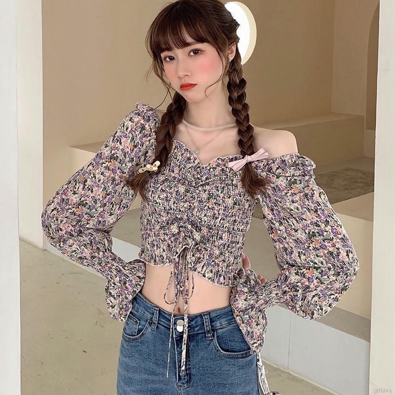 Áo kiểu trễ vai họa tiết hình hoa dễ thương cho nữ | BigBuy360 - bigbuy360.vn