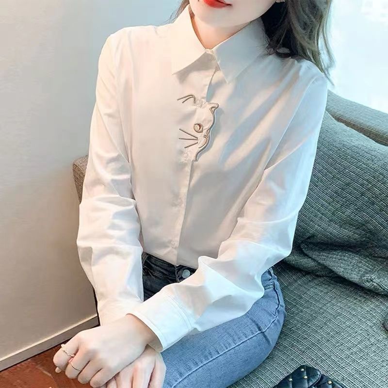 Áo Sơ Mi Tay Dài Chất Liệu Cotton Thêu Họa Tiết Mèo Dễ Thương Thời Trang Xuân Thu Cho Nữ