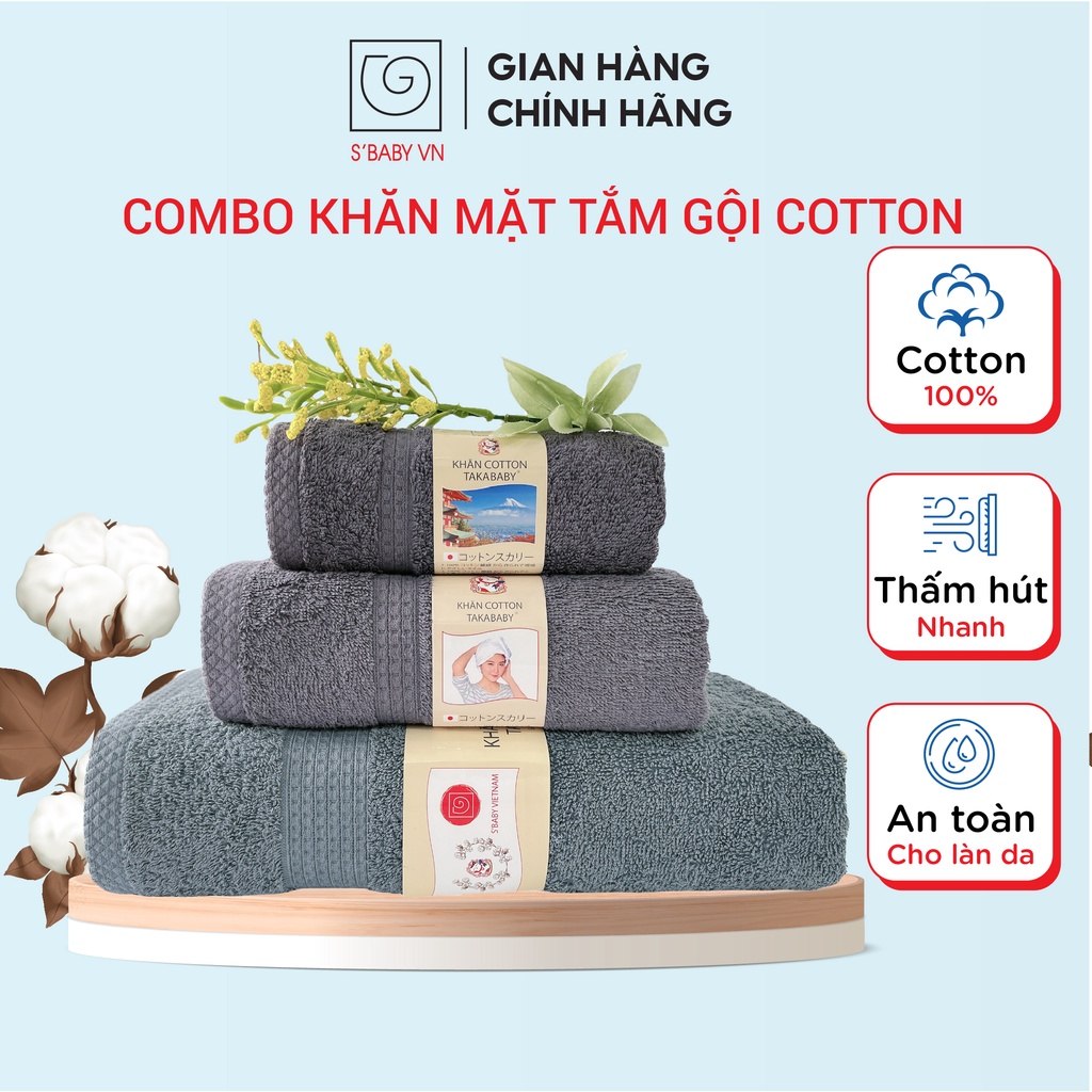 Combo 3 Khăn (Khăn Tắm, khăn Mặt, Khăn Gội) Cotton S'BABY Mềm Mịn,Thấm Hút Nhanh- CB000001 (8936137960493-0486-0479)