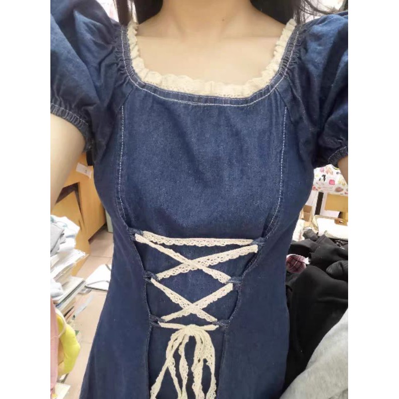 ĐẦM JEAN THẮT DÂY EO TAY BỒNG BỀNH🍒ẢNH THẬT 100%