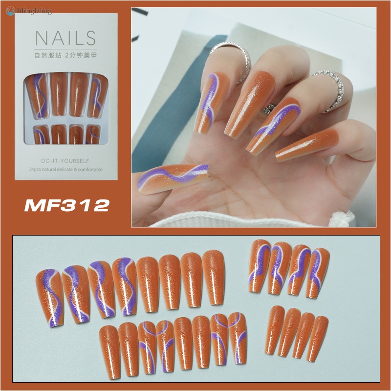 Set 24 Móng Tay Giả Trang Trí Họa Tiết Sọc Nhiều Màu Sắc