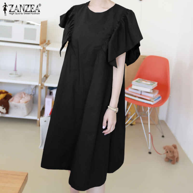 Đầm Midi ZANZEA Tay Ngắn Nhún Bèo Cổ Tròn Nút Gài Lưng Màu Trơn Thời Trang Đường Phố Cho Nữ