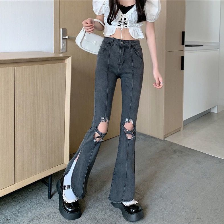 Quần Jean Nữ Lưng Cao Ống Đứng Rách Gối Kiểu Retro Thời Trang Xuân Thu Mới 19