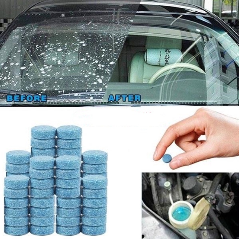 Hộp 10 Viên Sủi Rửa Kính Xe Ô Tô Siêu Sạch, Vệ Sinh Làm Sạch Kính, Gương Xe. 1 Viên Pha Được 4L Nước
