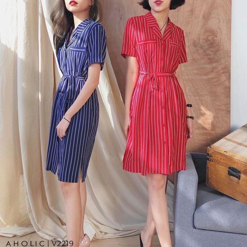Đầm sơ mi chất mềm mát kẻ 2 màu Aholic V2219