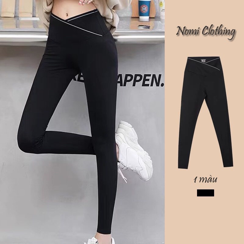 Quần legging cạp cao gen bụng vạt chéo viền trắng kèm hộp