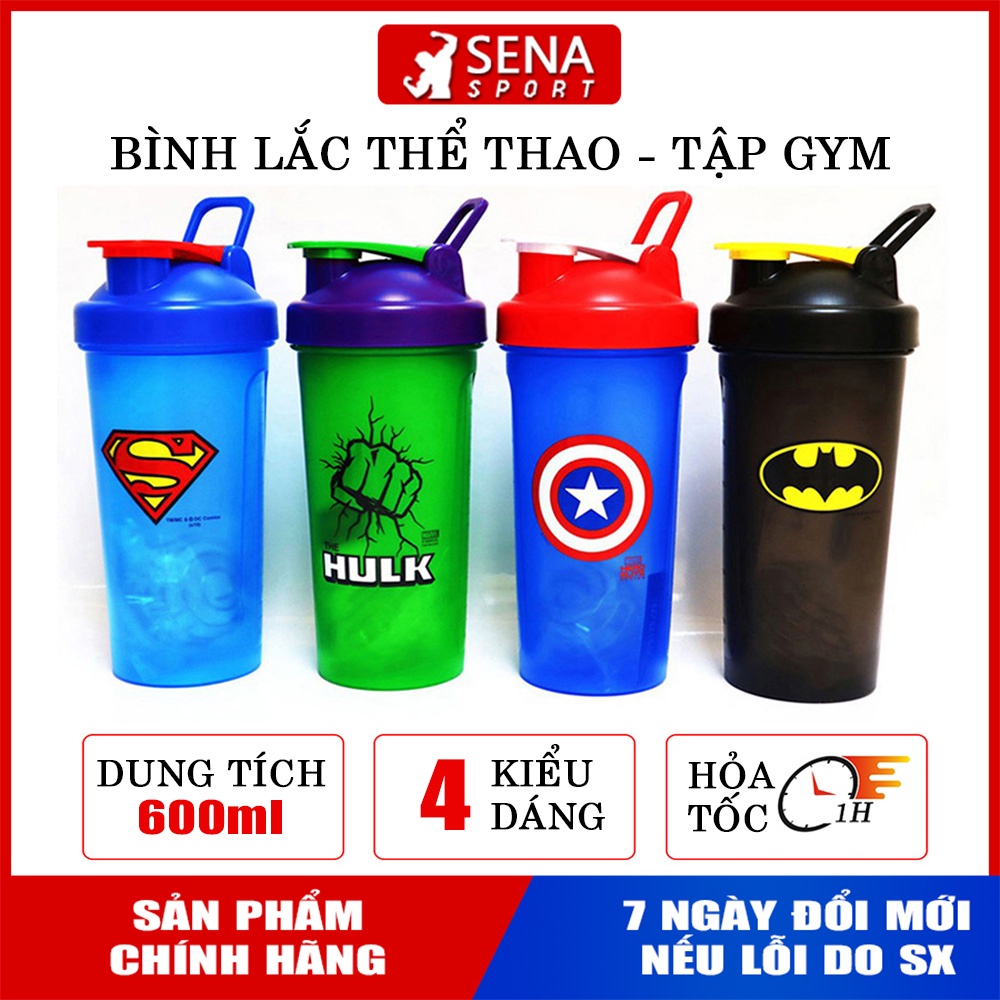 Bình Lắc Tập Gym, thể thao biểu tượng Siêu Anh Hùng Marvel, DC 600ml siêu cute