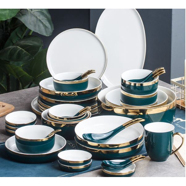 Bán Lẻ Bát Đĩa Cao Cấp Viền Vàng Decor Bát Ăn Cơm Bộ Chén Dĩa Sứ Màu Xanh Lòng Trắng Viền Vàng Cao Cấp