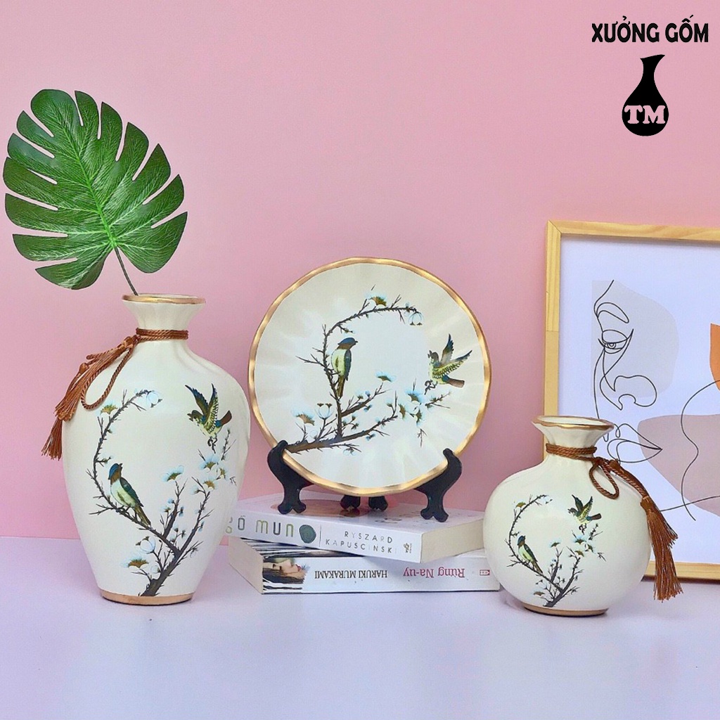 Set 3 Bình Hoa Xưởng Gốm TM Bát Tràng Họa Tiết Gốm Sứ Decor Cao Cấp (Giao mẫu ngẫu nhiên)