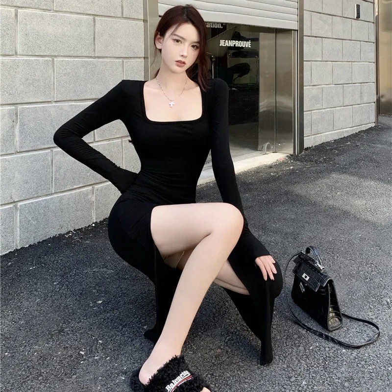 2022 Phụ Nữ Mùa Thu Phong Cách Mới Đầm Midi Cổ Vuông Thời Trang Váy Xẻ Tà Sexy