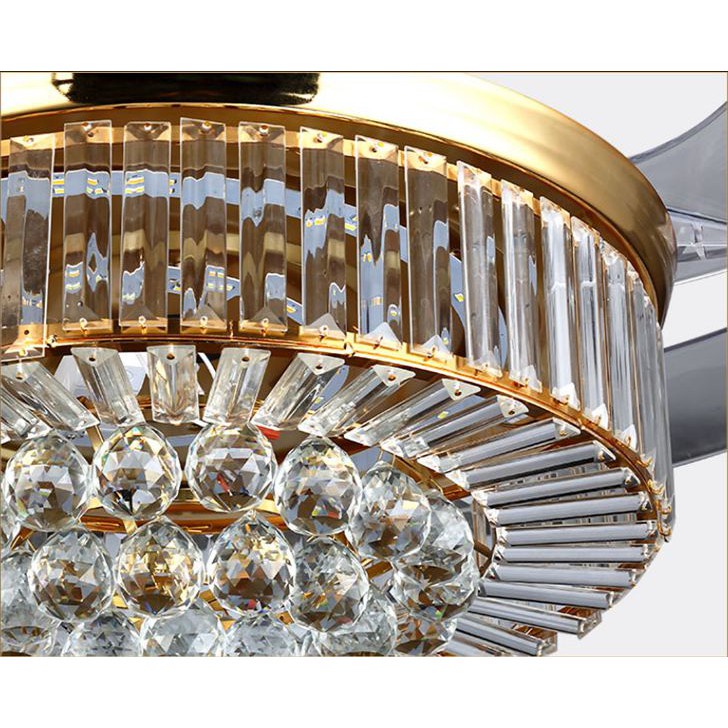 Quạt trần đèn Led, Quạt trần Pha Lê cánh cụp xòe trang trí phòng khách ánh sáng 3 màu remote 6 tốc độ mát,BH 5 năm