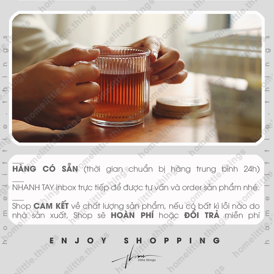 Ly, cốc thủy tinh uống nước & cà phê, kiểu dáng tròn có QUAI cầm vân sọc dọc sang trọng