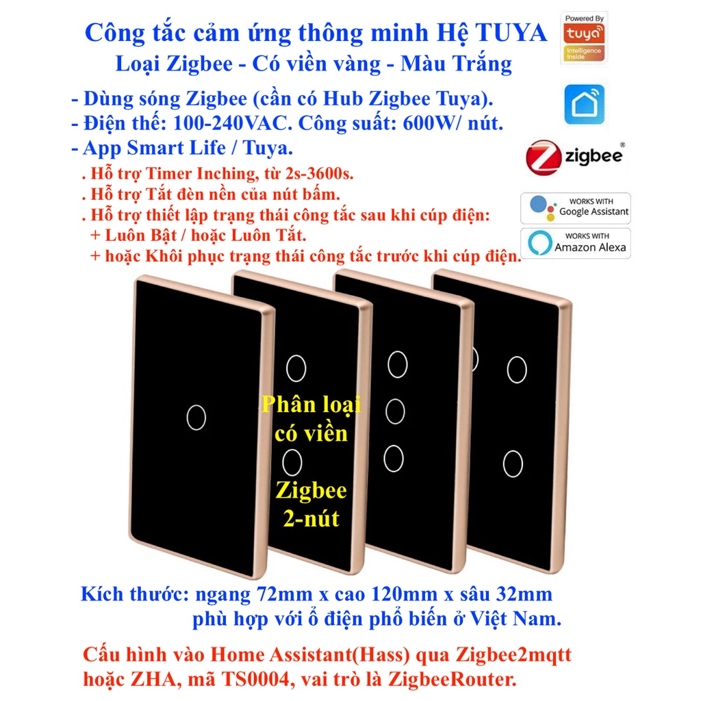Công tắc thông minh Tuya, có viền, Zigbee, App Smart Life/ Tuya -