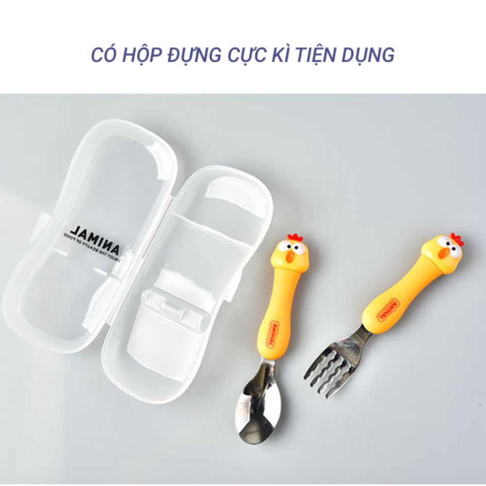 Bộ dĩa, thìa ăn dặm cho bé chất liệu Inox cao cấp không gỉ (Bộ thìa dĩa cho bé tập ăn)