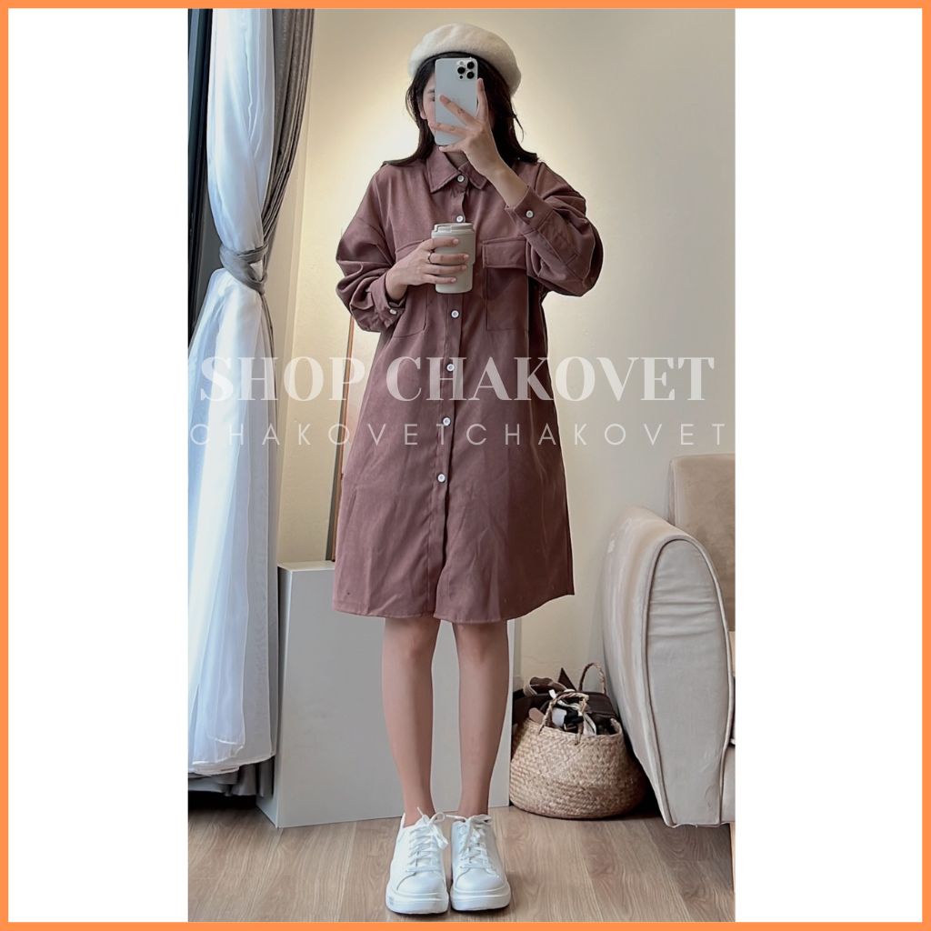 Váy sơ mi nhung tăm dài tay Vintage V8458 Đầm suông dáng Midi có túi 2 bên thời trang học sinh công sở Thu Đông