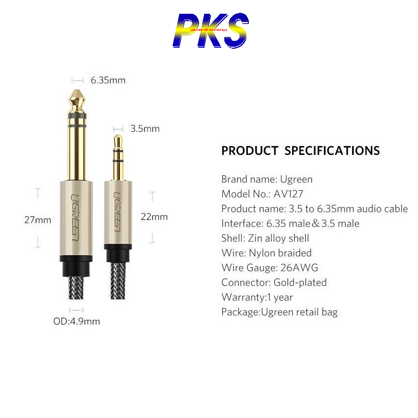 Cáp Audio 3.5mm to 6.5mm dài 2M Ugreen 10628