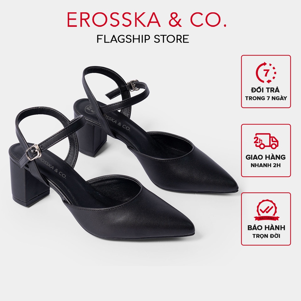 Giày cao gót Erosska thời trang mũi nhọn phối dây hở gót cao 5cm màu đen ver 2 _ EKOO1