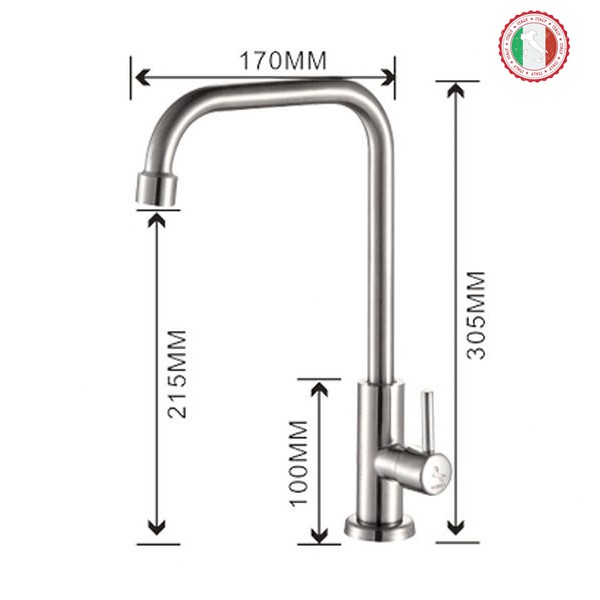 Vòi rửa chén (chỉ lạnh, cổ vuông, hơi nhỏ cao 31cm) SUS304 + dây cấp - Cao cấp ITALIA