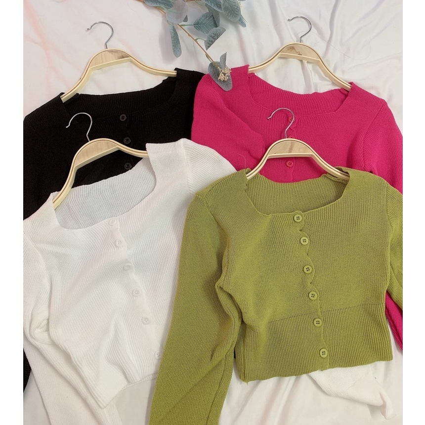 Shynstores Áo len nữ croptop dài tay cúc dọc vải len dệt kim cao cấp nhiều màu