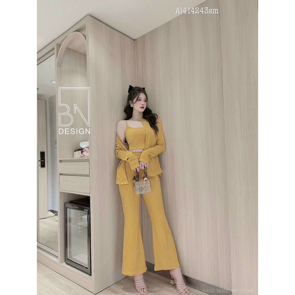Sét 3 món áo hai dây phối quần loe ống kèm áo khoác cực xinh , chất thun gân dày dặn mềm mịn