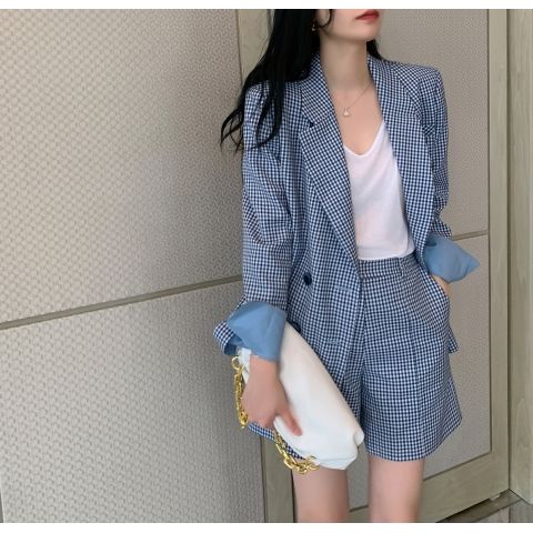 Áo khoác vest sọc ca rô xanh dương phong cách Hàn Quốc thời trang cho nữ