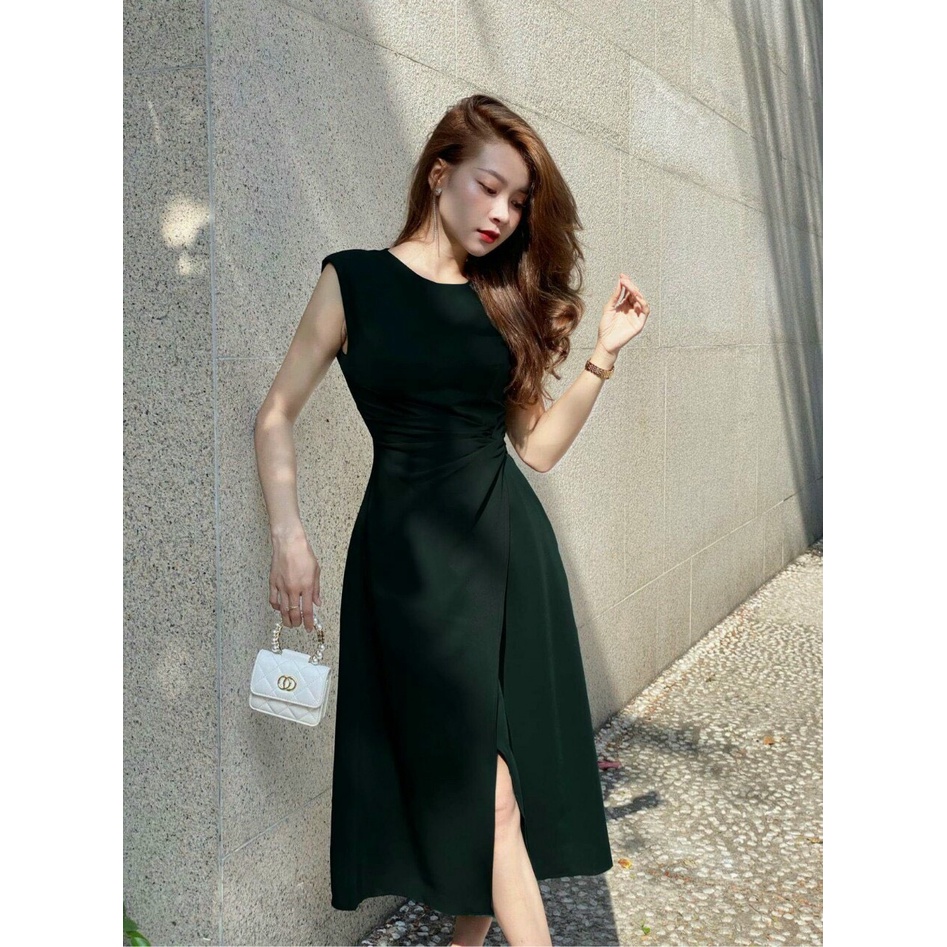 ĐẦM LỤA XẺ TÀ THẮT EO, VÁY HỒNG ĐEN MIDI – GD226