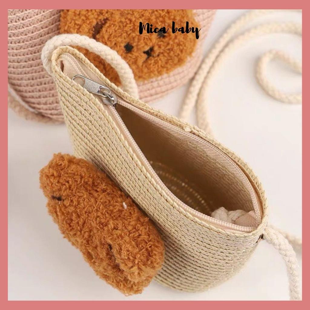 Túi cói đeo chéo đính gấu bông xù cực dễ thương cho bé TC10 Mica Baby