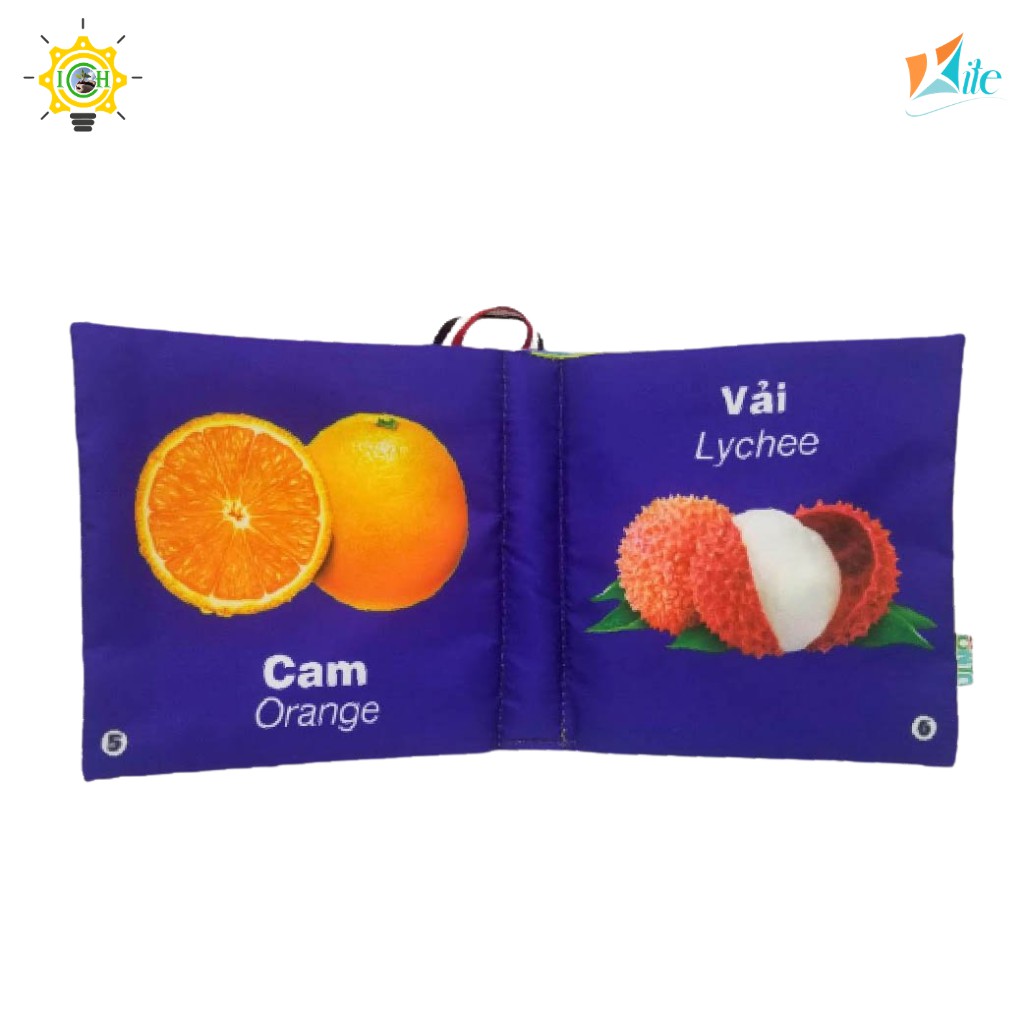 Sách vải song ngữ trái cây KITE 2325A104 giúp bé nhận biết các loại trái cây quen thuộc, tặng kèm học liệu