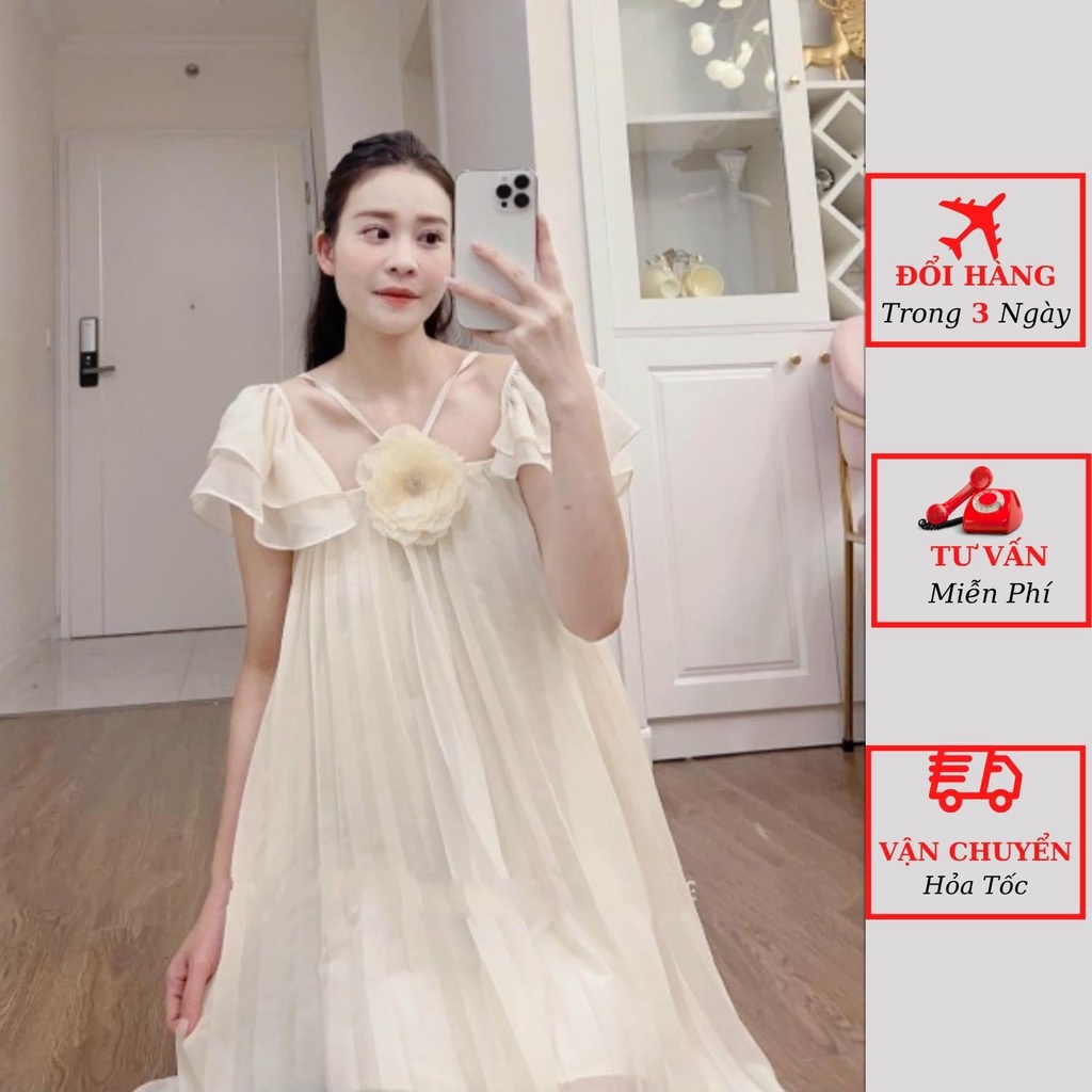 Váy dập ly nữ cổ yếm đính hoa ngực tay bồng dáng suông dài maxi đi biển du lịch ulzzang Hàn Quốc đầm bầu