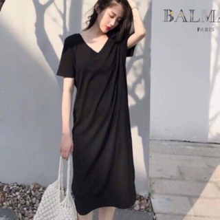 Váy suông cotton trơn fom rộng cổ tym basic 2 màu đen-xám