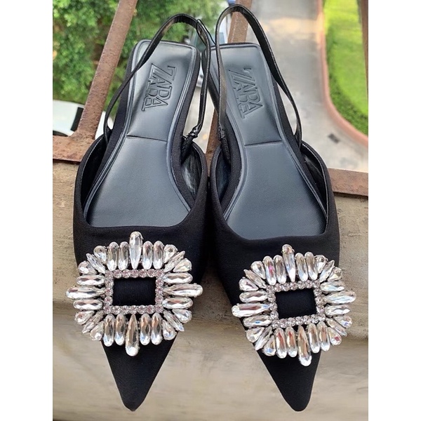 GIÀY MULE ZARA MÀU ĐEN GÓT THẤP ĐÍNH ĐÁ LẤP LÁNH